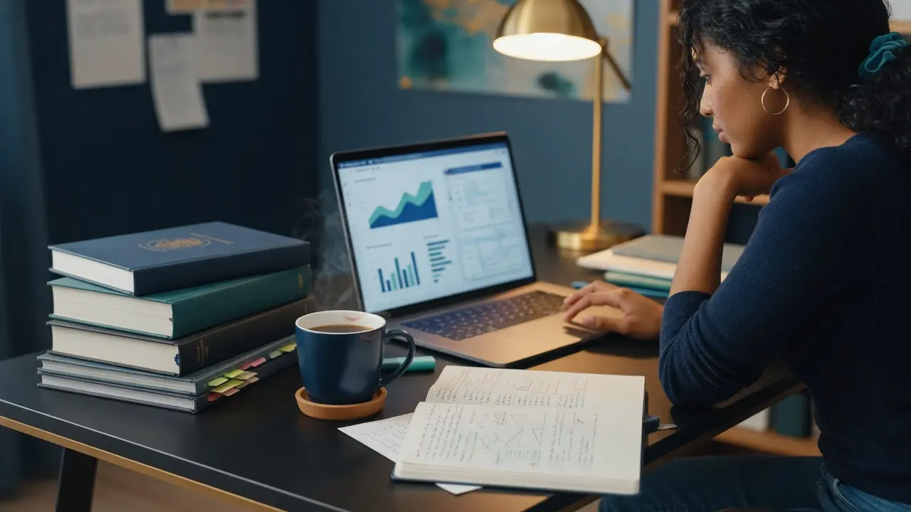 Estudiante universitario trabajando con materiales académicos profesionales